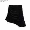 Kvinnor Design Velvet Pläterad Asymmetrisk Skirt Faldas Mujer Ladies Back Zipper Vestidos Chic Ruffles Kjolar QUN722 210416