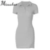 Missakso Sexy Bodycon Bouton Split Robe Party Summer Femmes Noir Blanc Mode Turn Down Col Robes à manches courtes 210625