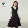 FANSILANEN Fake two piece set vintage knitted sweater dress Women flare sleeve black midi Autumn winter slim office 210607