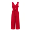 Jumpsuit Mulheres Vermelho Vermelho Plus Size Button Grande Perna Calças V Pescoço Moda Sexy Bolsos Cinto Solto Sem Mangas Romper LR233 210531