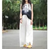 Spring Summer Arts Style Women Elastic Waist Cotton Linen Wide Leg Pants Casual Folk White Straight Trousers Femme S672 210512