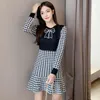 Herfst winter gebreide Houndstooth trui jurk vrouwen elegante boog casual lange mouw zeemeermin vestidos 210520