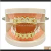 Grillz ، تسليم مجوهرات الجسم تسليم 2021 رجال الهيب هوب جريلز 2 قطعة مجموعة الفاخرة بلينغ الزركون الأسنان الأسنان الموضة 18K الذهب روديوم مطلي جيوم