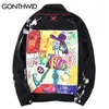 GONTHWID Hip Hop Ripped Denim Bomber Jacket Streetwear Graffiti Ink Print Patch Punk Jean Coats Mens Harajuku Black 211217