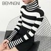 Beiyingni White Black Striped Sweaters for Women Harajuku Vintage Friends Knit Turtleneck Pullover Female Autumn High Street Top X0721