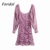 Foridol Puff Sleeve Floral Print Bodycon Party Dress Women Spring Summer Ruched Chiffon Dress Vintage Short Purple Dress 210415