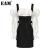 [EAM] Kvinnor Svart Striped Ruffles Vintage Dress Slash Neck Långärmad Loose Fit Fashion Fjäder Höst 1DD80690 210512