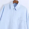 Blue Długie Kobiet Koszulki Przycisk Up Collared Rękaw Oversize Shirt Kobieta Kieszonkowy Asymetryczny Hem Kobiece Koszula 210519