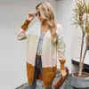 Long Sweater Cardigan Mulheres Outono Inverno Solto Cor Brown Block Patchwork Manga Longa Malha Tops Casaco Casaco Moda Fashion 210415