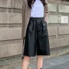 Spring Black PU Leather Women Half Pants High Waist Lady Oversized Wide Leg Vintage Female Loose Plus Size Trousers 210428