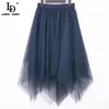 秋の女性のハイストリートスカートスーツのファッションデザイナーの女性エレガントな青いロングジャケットとMidiスカート2ピースセット210522