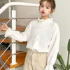 Solide Blanc Jaune Jaune Long Bouche de style Coréen Chemisier Femmes Cardigan Ruffle Collier Vêtements Bouton Up Shirt Blusas 11250 210508