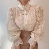 Korean Chic Button Hollow Out Flower Lace Patchwork Casual Shirt Stand Collar All-match Femme Blusas Petal Sleeve Women Blouses 210514
