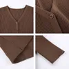 Vintage 90s Brown Sticka Single-Breast Långärmad Kvinnor Y2K T-shirt Kvinna Ny Casual V Neck Crop Tops Tee Streetwear 210415