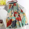 Vintage Floral Leaf Printed Tulle Pleated Women's Long Skirts High Waist Female Umbrella Spring Summer 210428