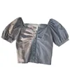 Sommer Vintage elegante kurze Tops mit V-Ausschnitt, Hemden und Blusendesign, Puff-Kurzarmhemd, Damenblusen 210420