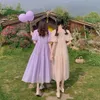 Летние сладкие нежные фиолетовые квадратные шеи слойки рукав бабочка принцесса платье женщины фея большие качели мода Vestido de mujer 210429