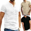 Male Short Sleeve Linen Button T-Shirt O-neck Fashion Summer solid Casual Cotton Henley Loose Blouse Tee Top Men Clothing Y0809