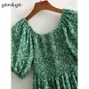 Prairie chique vestido de verão mulheres verde floral impressão feminina lanterna manga o pescoço joelho comprimento grande balanço vestido 210514
