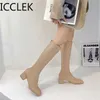 Womens Laarzen Winter Dikke Hak Bodem Lange Katoen Hoge Hak Sneeuw Rits Knie-High Fashion Hot Classic Sexy Wild Botas Mujer Y0914