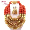 Earrings & Necklace African Orange Beads Jewelry Set 3 Layers Pendant Statement E1022