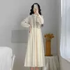 Vintage Çiçek Nakış Elbise Kadın Bahar Uzun Kollu Kayısı ES Yüksek Bel Vestido De Mujer Düğme 12918 210427