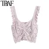 Traf Women Fashion Floral Brodery Croped Sticked Tank Tops Vintage Wide Straps With Ruffles Female Camis Mujer 210415