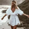 Foridol sexy spalle scoperte in cotone e lino bianco autunno abito da donna fascia da donna estate spiaggia abito corto abito da vacanza abiti 210415