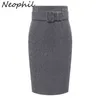 Neophil hiver gris laine épaisse Midi crayon jupes grande taille femmes décontracté mince taille haute ceinture bureau travail porter Saias S1205 211120