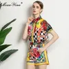 Fashion Runway Summer Conjuntos de dos piezas Camisas y pantalones cortos sueltos con estampado floral para mujer Traje 210524