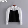 Zeefity Dames Sweet Bow Decoratie Zwart Wit Patchwork Smock Blouse Office Dames Geplooid Casual Shirts ChiCh Blusas Tops LS7418 210603