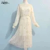 Gray Beige Navy Star Moon Embroidery Mesh Elegant Sweet Party Loose Dress Long Sleeve Stand Collar Midi Runway Vestidos 12992 210521