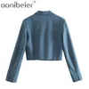 Navy Blue Cropped Blazers Elegant Women Slim Long Sleeve Female Suits Coat Office Lady Short Jacket Spring Summer Tops 210604