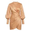 Vårhöstens mode tryckt guldklänning Kvinnor Lantern Långärmad Hög midja Mini Club Evening Party Kvinna Vestidos 210527