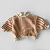 아이 아기 소녀 스트라이프 스웨트 셔츠 탑 가을 겨울 새로운 두꺼운 따뜻한 하이넥 코튼 스트라이프 까마귀 유아 소년 탑 210413