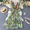 Women Bohemia Dress Lady Fashion V-neck Half-Sleeve High Waist Floral Printed Elegant Vestidos Verano Clothes N344 210527