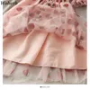 Kawaii платье женщин с плеча слоеного рукава сетки платья клубники squide print высокая талия халат сладкий милый vestidos 210519