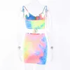 Colysmo multi kleur print bodycon jurk vrouwen zomer sexy twee stuk streetwear casual trekkoord lace up potlood 210527