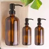 Tjock Amber Soap Dispenser Glasburk med etiketter Matte Black Stainless Steel Pump Essential Oil Lotion Bottle 250 / 500ml 211222