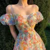 Летний цветочный дизайн элегантные MIDI платья женщин с коротким рукавом старинные ремень платья одно плечо корейский 210521