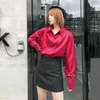 Aelegantmis Women Loose Long Sleeve Blouses Shirts Red Turn Down Collar Office Lady Shirt Ladies OL Style Casual Tops 210607