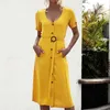 Primavera verão vendendo vestido elegante midi com cinto mulheres v-pescoço de manga curta botão listrado vestido de lace-up para as mulheres 210514