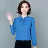 Koreanska kvinnor blusar långärmad tröjor Kvinna Chiffon Toppar Plus Storlek Bow Slips Ladies Rosa skjorta 210604