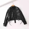 Faux läder svart kappa vinterkläder kvinnor streetwear beskuren biker fleece ruched PU Bomber kort jacka 210427