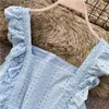 Women's Sleeveless Shirt Summer Korean Hollow Lace Slim Short High Waist Ruffled Lacing Tops ML802 210506
