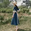 Yosimi zomer lange jurk Half mouw Mid-Calf Fit en Flare Peter Pan Collar Sweet Women Blue Midi Vestidos Verano 210604