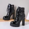 Boucle en cuir véritable plate-forme super haut talon bottes courtes femmes chaussures bout pointu bloc talons zip à lacets cheville 41 210517