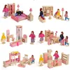 6 Zimmer Kinder Ganzes Set Holz Rosa Möbel Puppe Haus Spielzeug / Kinder Mädchen Geburtstag Geschenke der Holzküche Badezimmer Schlafzimmer Spielzeug 201217