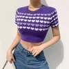 Kawaii Serce Drukuj Y2K Knit Koszulki Dla Dziewczyn Z Krótkim Rękawem Kobiet Summer O-Neck Slim Crop Top Stretch Soft Tee Koszula 210415