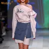 Eleganckie eleganckie kobiety dwa kawałek zestaw sukienka sexy slash kołnierz potargany haftowany dźwig moda mini jesień 210527